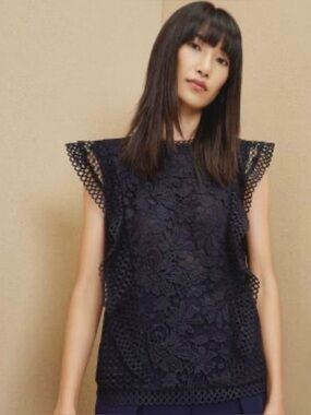 Ted Baker Navy Floral Lace Ruffle Sleeve Top